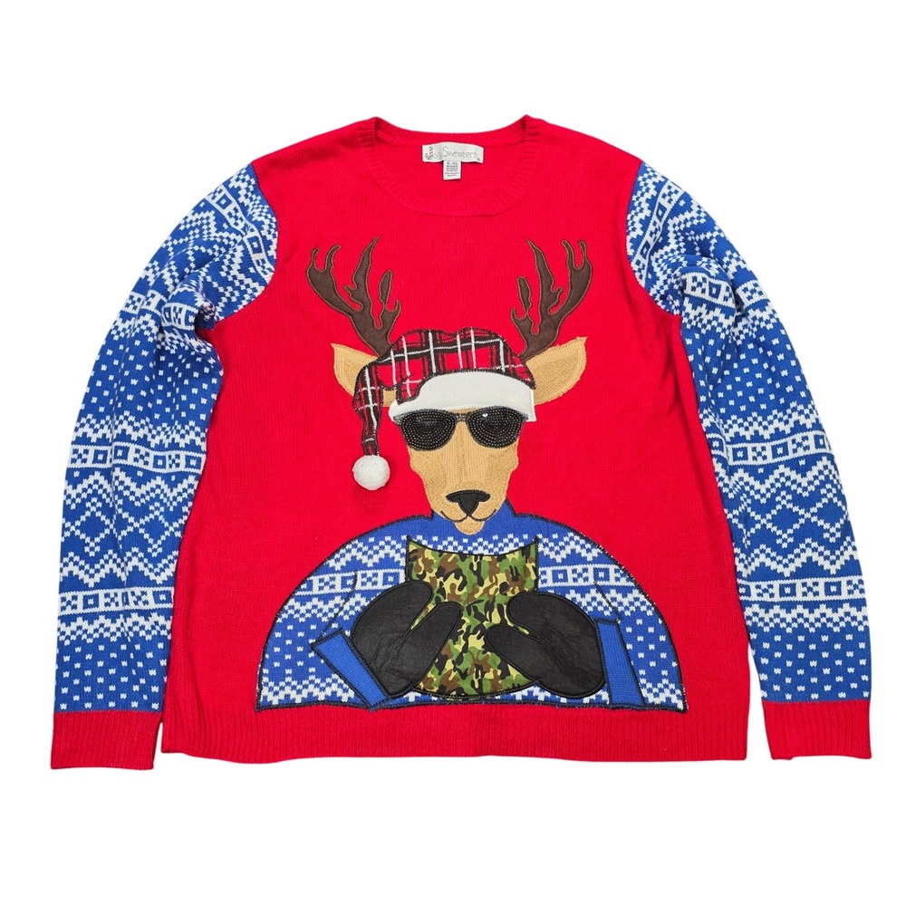 Jolly Sweaters Reindeer Sunglasses Sweater Men's Size XL Red Blue Camo Holiday